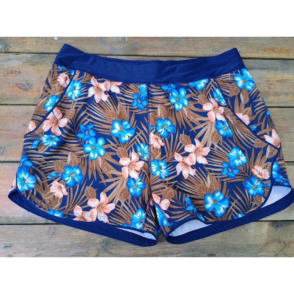 Lands End Ladies Sz 18 Tropical Swim Quick Dry Shorts With Liner Blue Floral